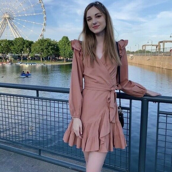 Seed Heritage Pink Ruffle Linen Wrap Mini Dress - Picture 2 of 5